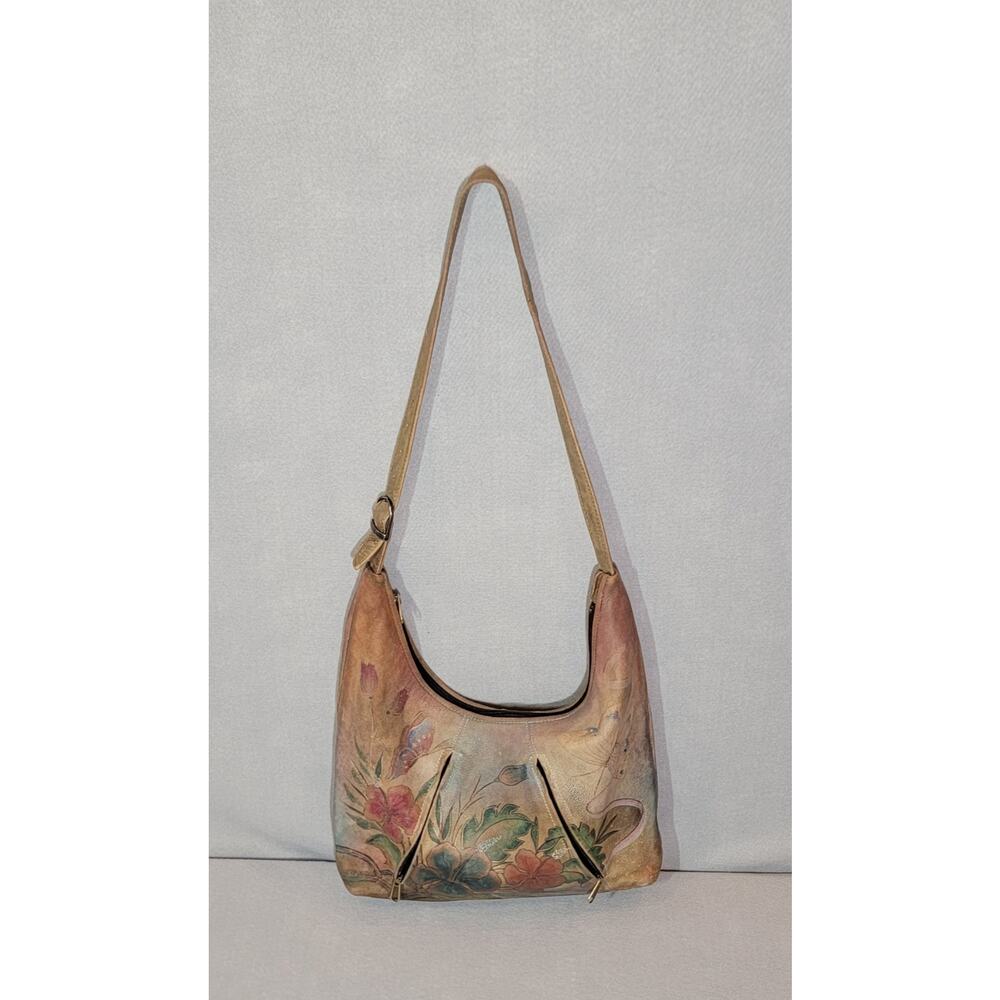 Anuschka Hand Painted Leather Hobo Bag Floral Butterfly Purse